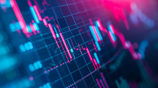 a blurred close-up view of a financial stock market graph on a digital screen with various data points and trend lines