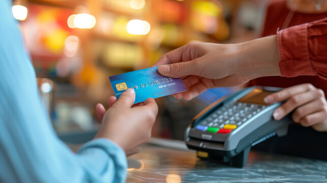 a person's hand holding a credit card and using it to complete a payment on a card terminal, depicting a financial transaction in a retail setting