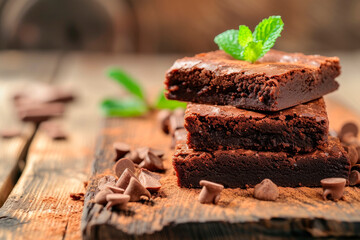 Stacked chocolate brownies decorated with a mint leaf on a wooden board. Copy space
