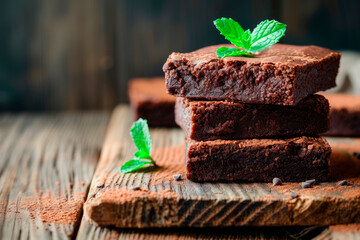Stacked chocolate brownies decorated with a mint leaf on a wooden board. Copy space - obrazy, fototapety, plakaty