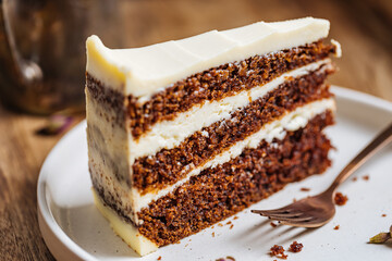 A piece of carrot cake served on rustic plate placed on bright sunny scene. Layered cake with cream...