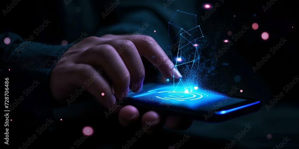Poster futuristic touch on a smart device in the dark. glowing screen with digital interface. concept of mo