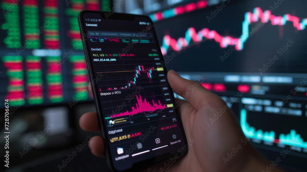Poster a person is holding a smartphone with stock market data on the screen, with a blurred background sho