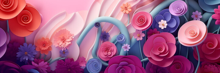 Abstract colorful floral paper artwork banner. Panoramic web header. Wide screen wallpaper
