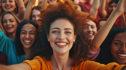 Naklejka premium group of cheerful young women of diverse ethnicities enjoying the womens day celebration by taking a photo as memory 