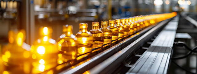 Bottled vegetable oil on conveyor automated machine being produced in food production plant - obrazy, fototapety, plakaty