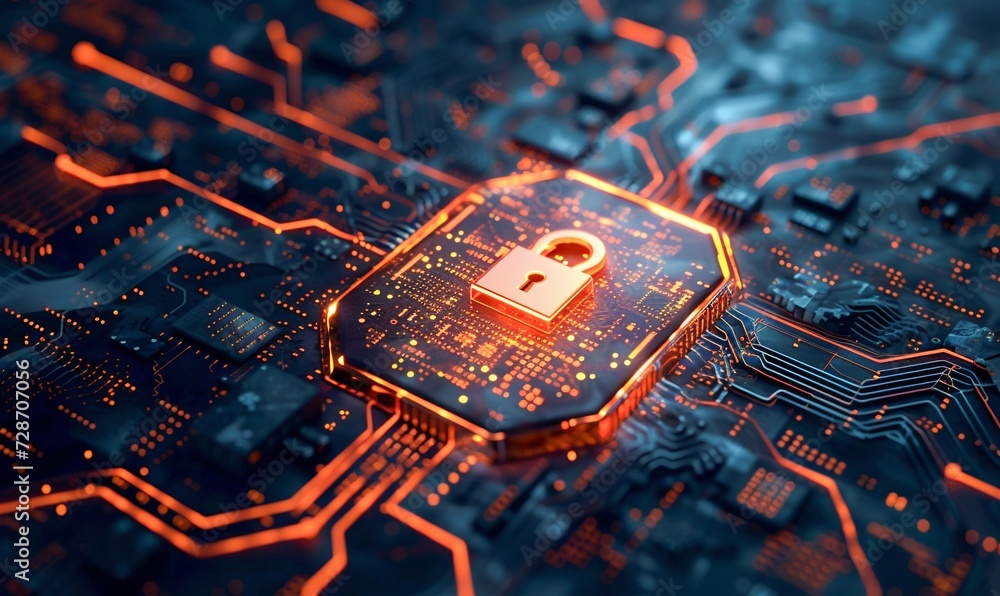 Poster advanced cybersecurity concept with glowing padlock on circuit board. generative ai