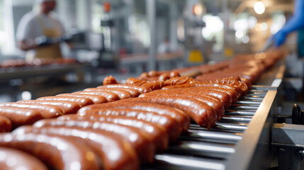 fresh sausages on the conveyor