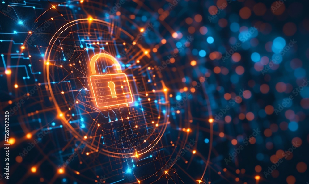Poster advanced cybersecurity concept with glowing padlock on circuit board. generative ai