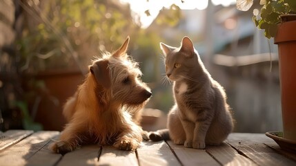 Golden hour companionable moment. dog and cat sit together peacefully. outdoor friendship scene captured in warm light. casual, homely, and sentimental. AI