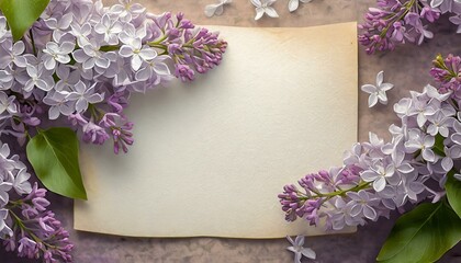 Kartki papieru otoczone przez kwiaty bzu. Wiosenne tło z miejscem na tekst