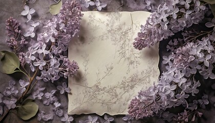 Kartki papieru otoczone przez kwiaty bzu. Wiosenne tło z miejscem na tekst - obrazy, fototapety, plakaty