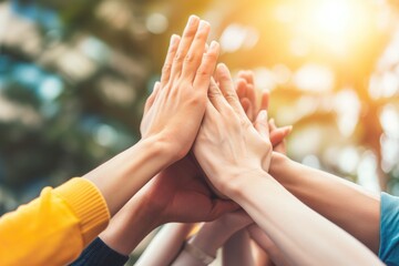 Business people, teamwork or high five of hands for support, success or solidarity of victory, synergy or winner. Happy group, collaboration or celebrate achievement of deal, integration or agreement