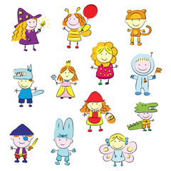 Cartoon funny hand drawn children in carnival costumes of wolf, bee, butterfly, red riding hood, crocodile, astronaut, monkey, witch, hare, pirate for new year, halloween, birthday