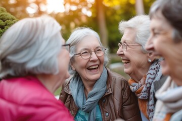 Talking, funny and senior woman friends outdoor in a park together for bonding during retirement. Happy, smile and laughing with a group of elderly people chatting in a garden for humor or fun