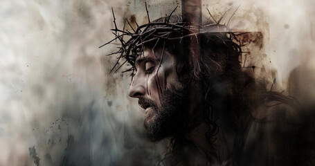 Double exposure of Jesus Christ wearing crown of thorns Passion and Resurection. jesus day holy,Easter card, Good Friday.thanksgivings,cross,forest, backgrounds