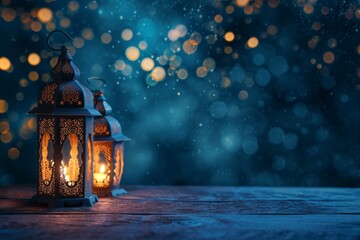 Ramadan Kareem greeting card with ornamental Arabic lanterns with burning candle glowing, invitation for Muslim holy month Ramadan Kareem, eid al fitr, eid al qurban, eid al adha - obrazy, fototapety, plakaty