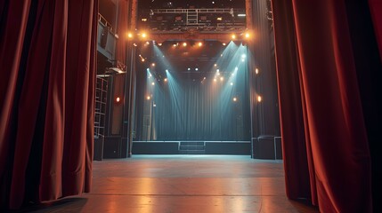 Empty theater stage with red curtains and spotlights readying for performance. entertainment industry venue. AI - obrazy, fototapety, plakaty