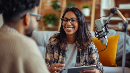 young person with glasses is smiling at a person holding a tablet, with a microphone in the foreground, suggesting an interview or podcast setting. - obrazy, fototapety, plakaty