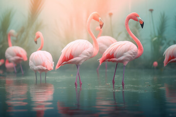 Several flamingos are resting in the pond.