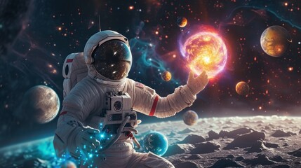 astronaut in a suit in space holding the earth shining with his hand in high resolution and quality - obrazy, fototapety, plakaty