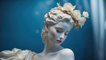 marble sculpture of a woman with flowers - obrazy, fototapety, plakaty