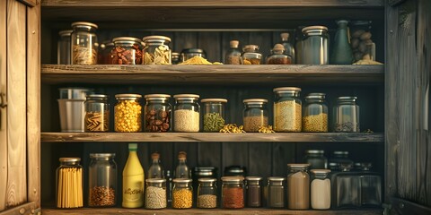 Cozy pantry shelves stocked with various dried goods and preserves. home organization and storage solutions. warm kitchen vibes. AI
