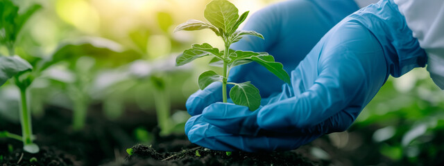 biologist's hands in protective gloves hold a sapling - obrazy, fototapety, plakaty