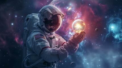 Fototapeta premium astronaut in suit in space holding the earth glowing with his hand in high resolution