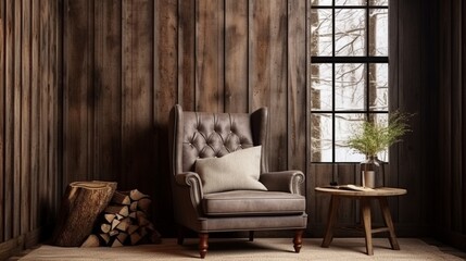 Wing chair against of window near wooden logs cut paneling wall. Rustic interior design of modern living room in farmhouse