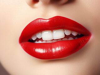 Fototapeta premium Woman's mouth with shiny red lipstick on full lips, healthy white smile, and tongue peeking out against skin-toned backdrop 
