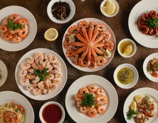 Assorted seafood on plates. Beautiful composition on a served seafood table, squid, shrimp, salmon steak and octopus. Food photo, low key, traditional Italian cuisine. Top view, save the space-
