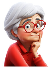 Closeup of contemplating senior woman in glasses. 3D  illustration on transparent background
