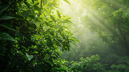 Whispers of Dawn. Dewdrops Glisten on Verdant Leaves as Sunlight Filters Through the Breath of the Forest.