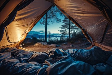 View from inside an open camping tent from the sleeping place to the beautiful night river lake landscape. Concept of mountaineering, tourist recreation and sport