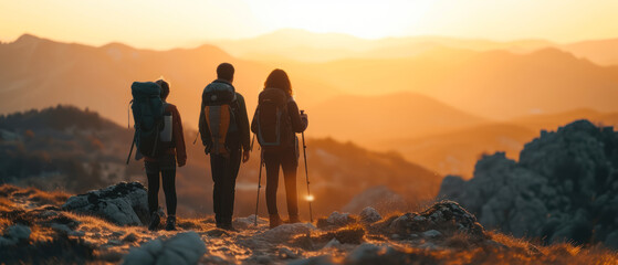 family adventure with backpacks hiking in the mountains at sunset - obrazy, fototapety, plakaty