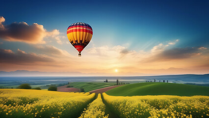 Hot air balloon, beautiful landscape, field with flowers