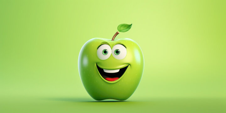 Funny cartoon apple with smiling face on a green background with copy space.