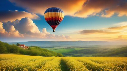 Obraz premium Hot air balloon, beautiful landscape, field with flowers