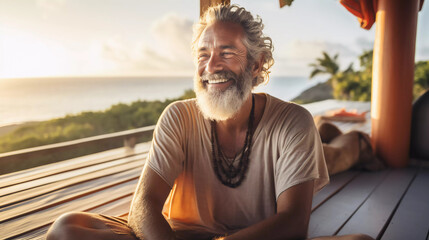 Portrait of a happy and smiling yoga teacher in yoga retreat on island. Sunny day, natural colors