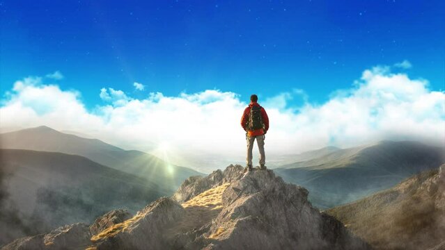 A man with backpack contemplates the horizon on top of a misty hill - Success sport and inspiration animated concept -Seamless 4k Loop