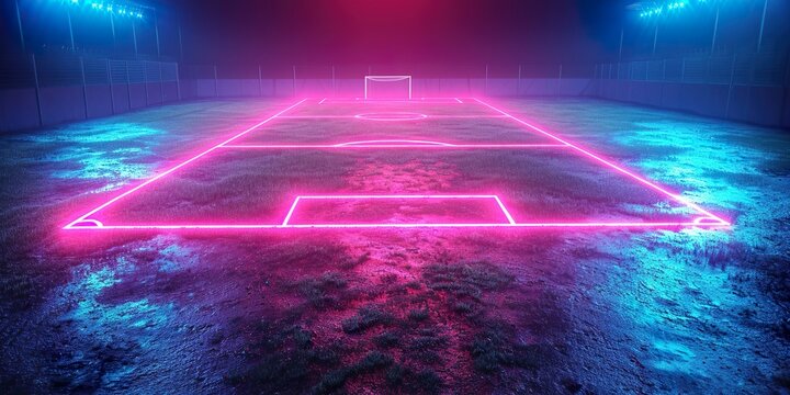 Isolated in white background,3d render, neon soccer field scheme, football playground, virtual sportive game, pink blue glowing line.