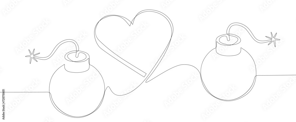 Poster one continuous line of bomb and heart shape. thin line illustration explosive love vector concept. c