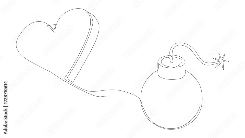 Poster one continuous line of bomb and heart shape. thin line illustration explosive love vector concept. c