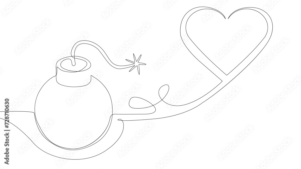 Poster one continuous line of bomb and heart shape. thin line illustration explosive love vector concept. c