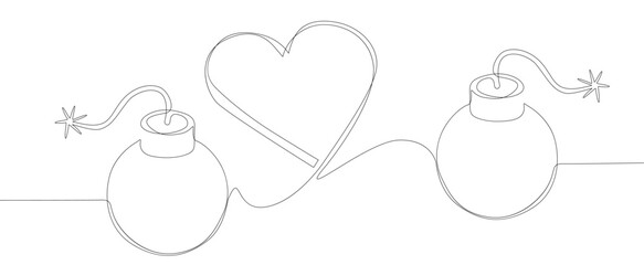One continuous line of bomb and heart shape. Thin Line Illustration Explosive Love vector concept. Contour Drawing Creative ideas.