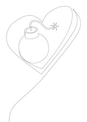 One continuous line of bomb and heart shape. Thin Line Illustration Explosive Love vector concept. Contour Drawing Creative ideas.