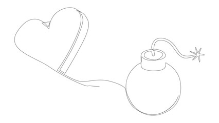 One continuous line of bomb and heart shape. Thin Line Illustration Explosive Love vector concept. Contour Drawing Creative ideas.