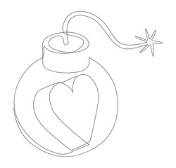 One continuous line of bomb and heart shape. Thin Line Illustration Explosive Love vector concept. Contour Drawing Creative ideas.