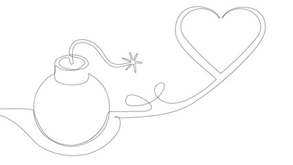 One continuous line of bomb and heart shape. Thin Line Illustration Explosive Love vector concept. Contour Drawing Creative ideas.